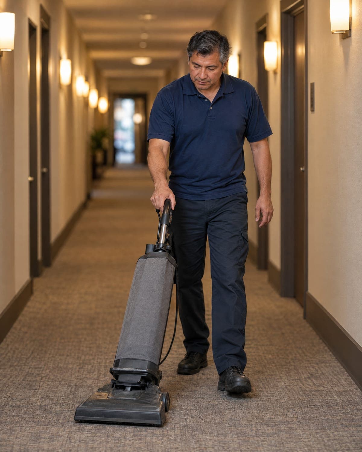 Technician vacuuming an apartment building hallway