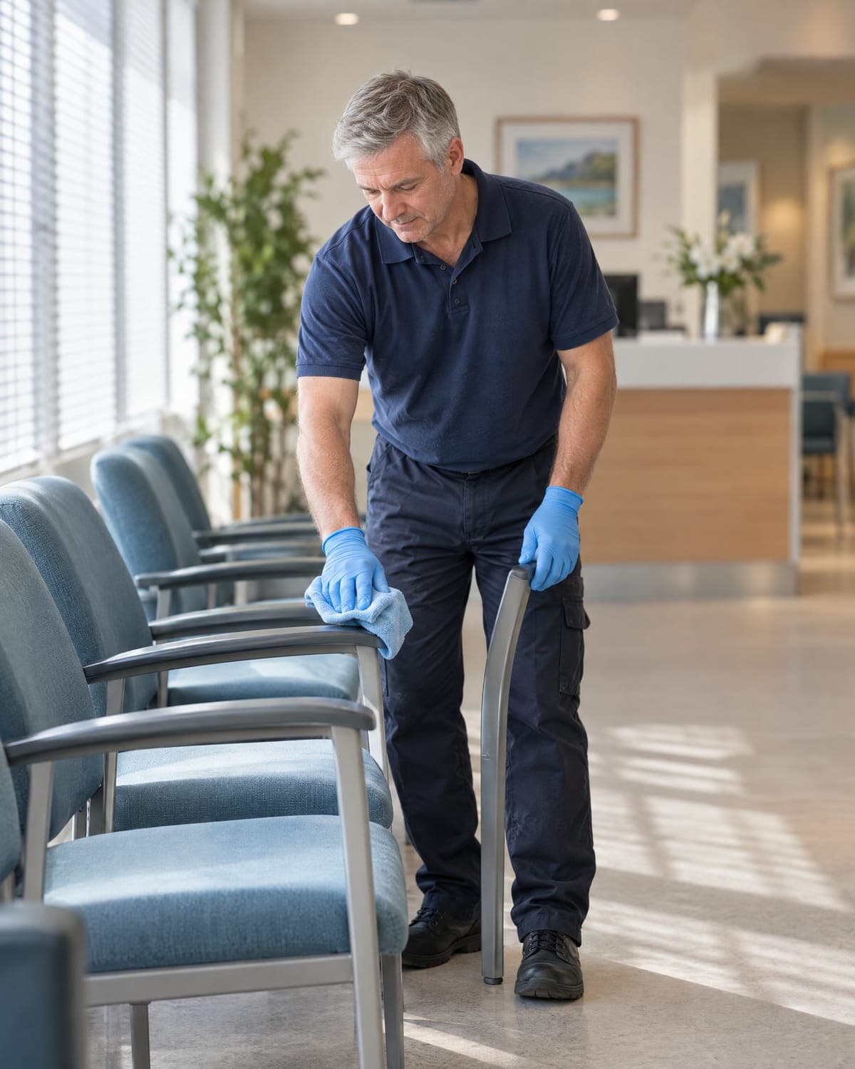 Technician wiping down waiting-room chairs in a medical office
