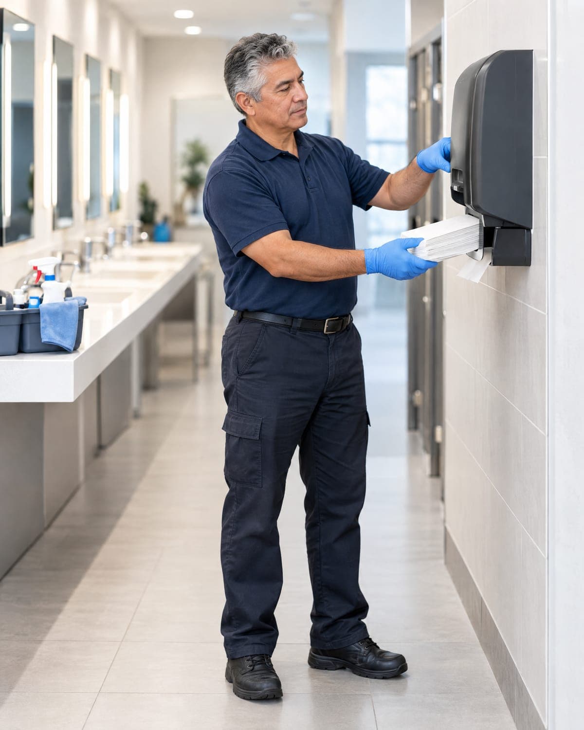 Technician restocking a paper towel dispenser in a commercial restroom