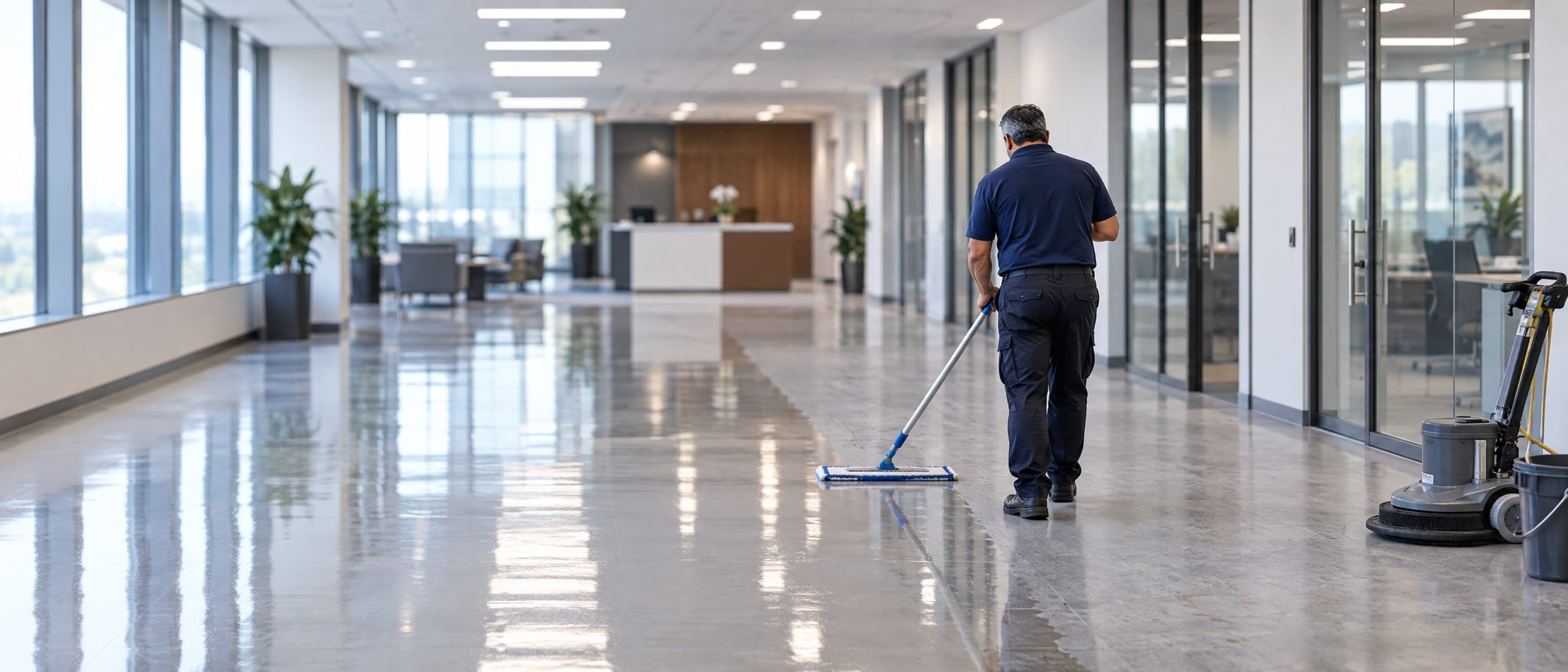Technician applying fresh floor finish along an office corridor, the coated half of the floor gleaming